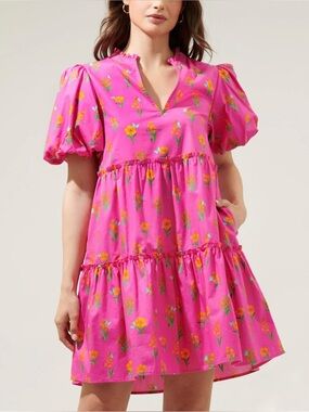 Sugar Lips Magenta Floral Tiered Mini Dress Puff Sleeve Pockets XS Cotton